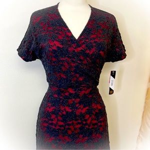 NWOT Elegant Maxi Dress, Red with Black Lace Overlay, Size Medium